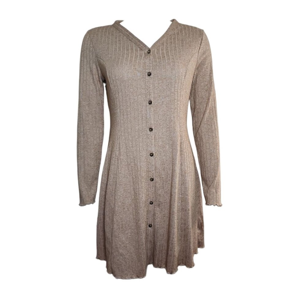 Primark Dress Womens Size 10 Solid All Tan Long Sleeve Ribbed‎ Button Front